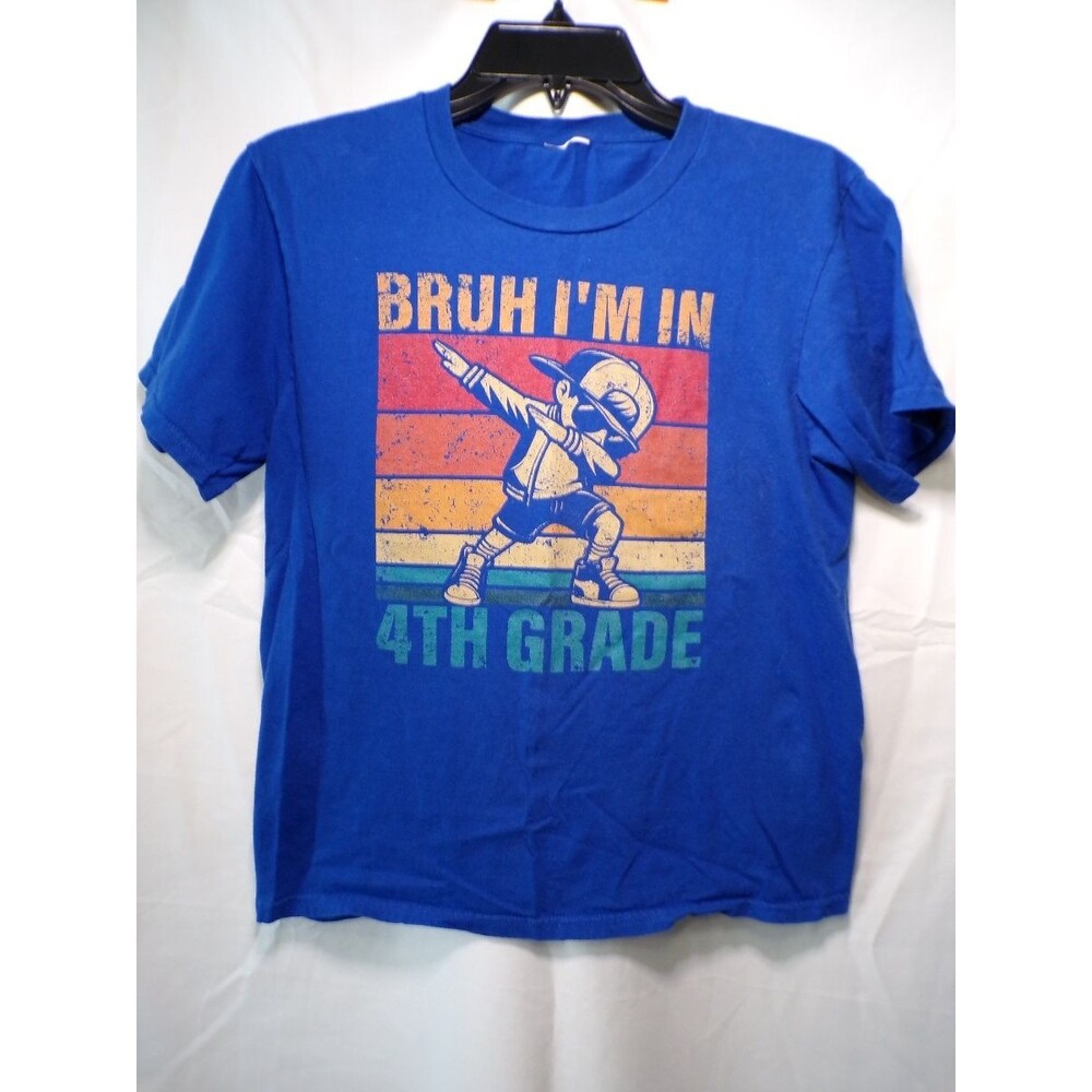 Boys Blue Graphic T Shirt Bruh I'm In 4th Grade Dabbing Cartoon Tee M